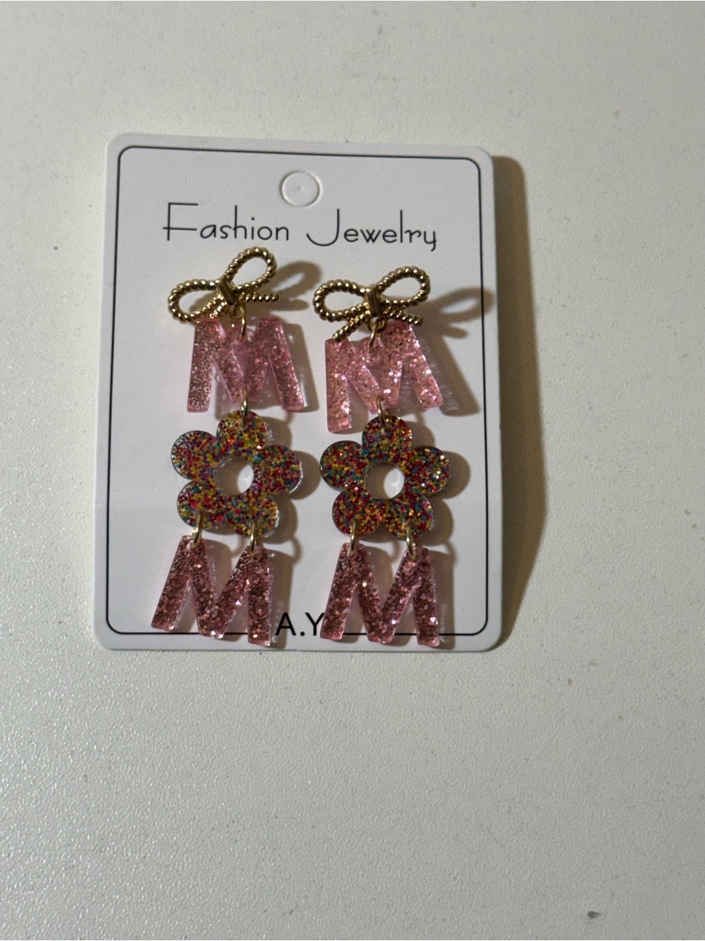 Pink Glitter MOM Earrings